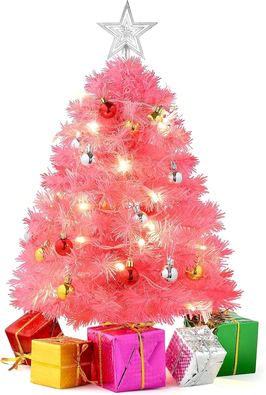 23-Inch Mini Pink Flocked Christmas Tree with LED Lights (Pink) 12.6"D x 12.6"W x 23"H